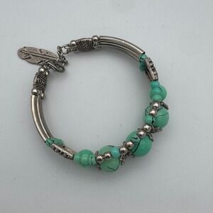 Faux Turquoise‎ Beaded Cuff Bracelet Southwestern Boho Silver Tone Feather